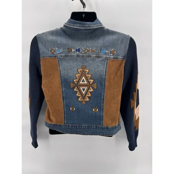 Scully Honey Creek Aztec Embroidered Denim Jacket Knit‎ Sleeve Western Small S - Picture 3 of 5